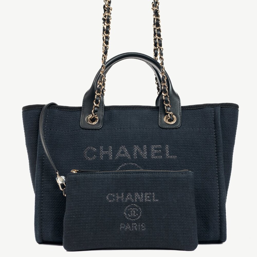 Chanel Small Deauville Black Canvas Logo Shopping Bag